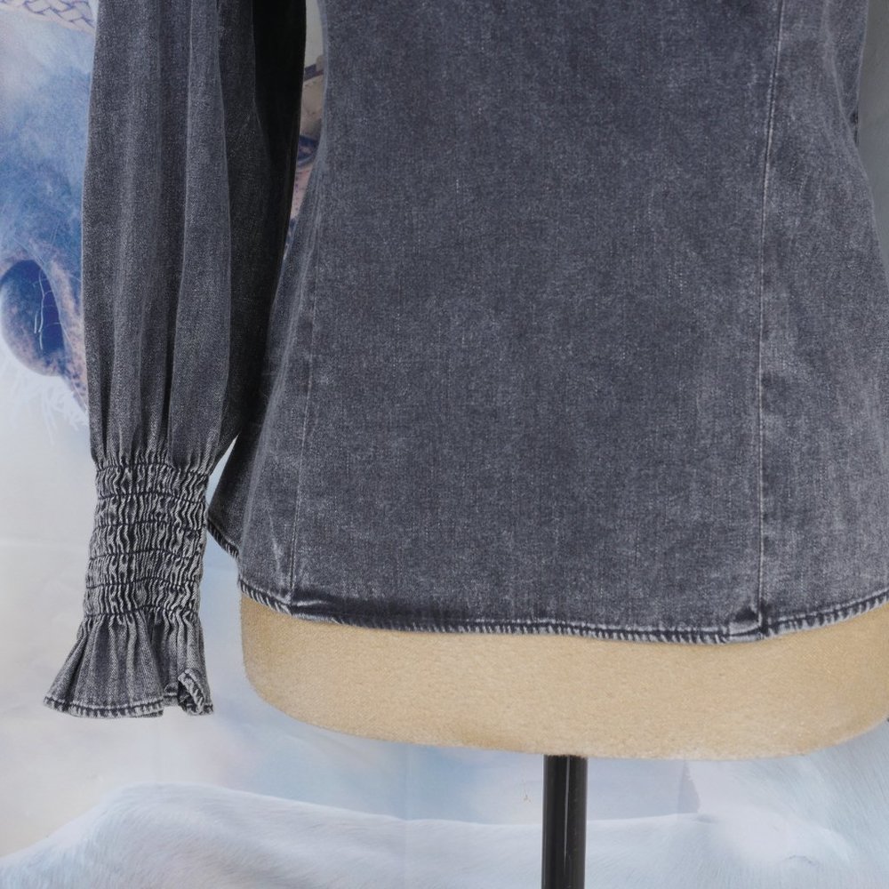 Zara "The 80's Collection" Black Acid Washed High Neck Puff Long Sleeve S XS Top - Picture 7 of 10